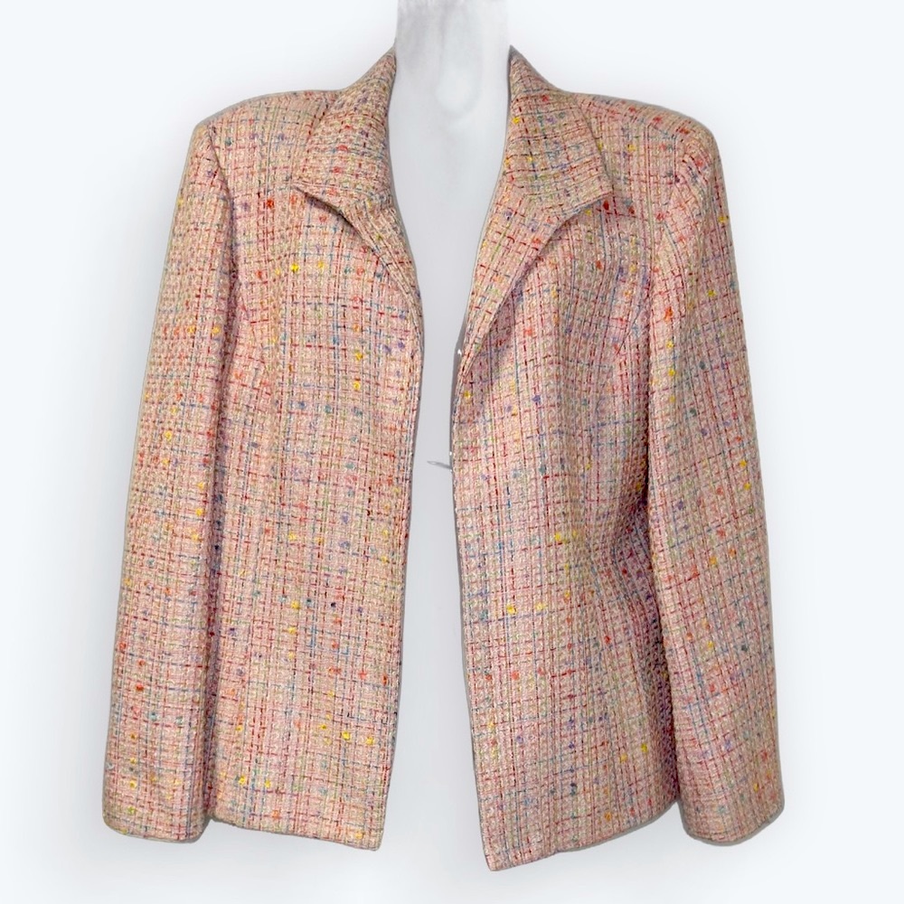 💗 Liz Baker 14 Pink Pastel Multicolor Tweed Open Blazer Barbiecore Feminine